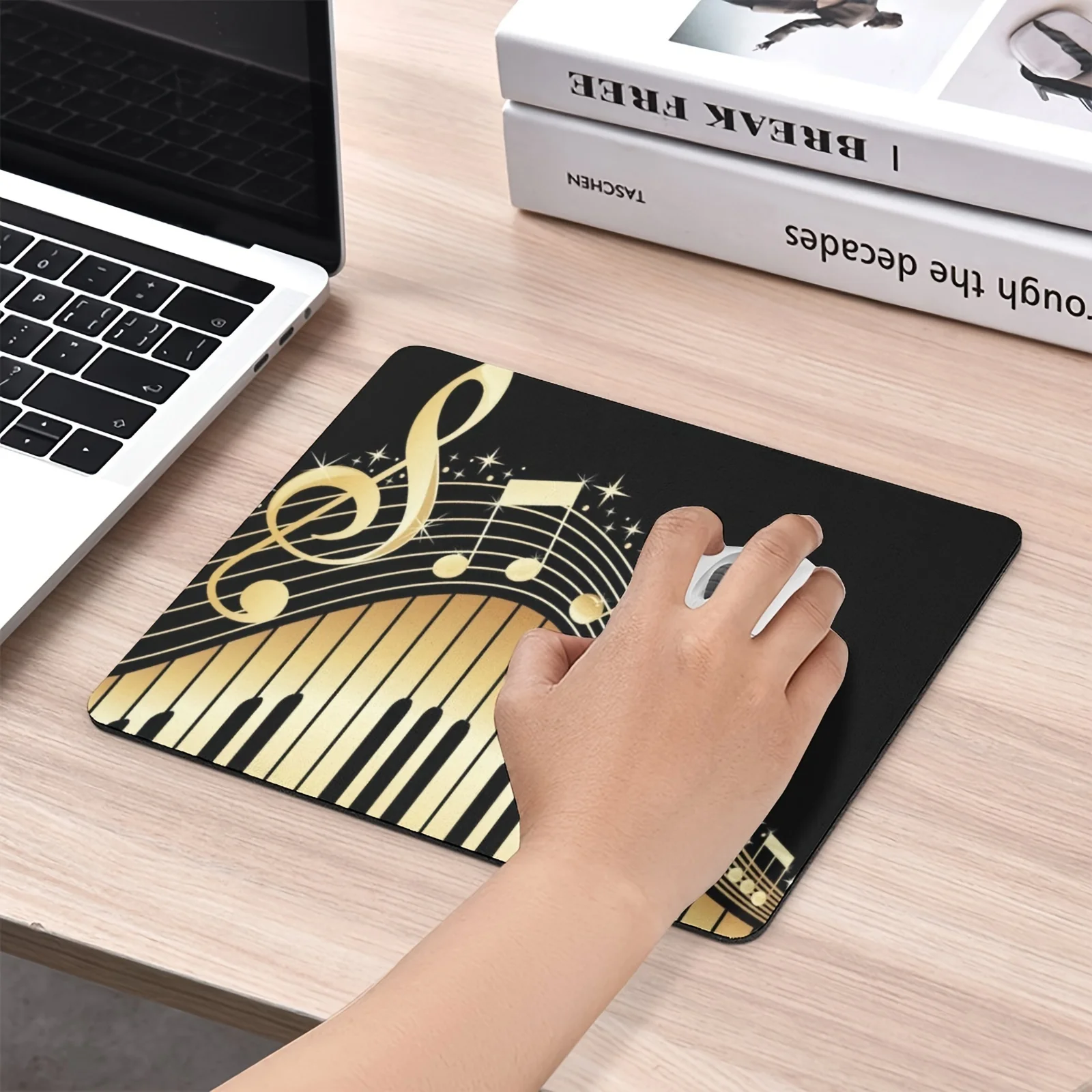 

Rubber Mouse Pad - Black with Golden Piano Keys & Treble Clef Design, Ideal for Office & Laptop Use