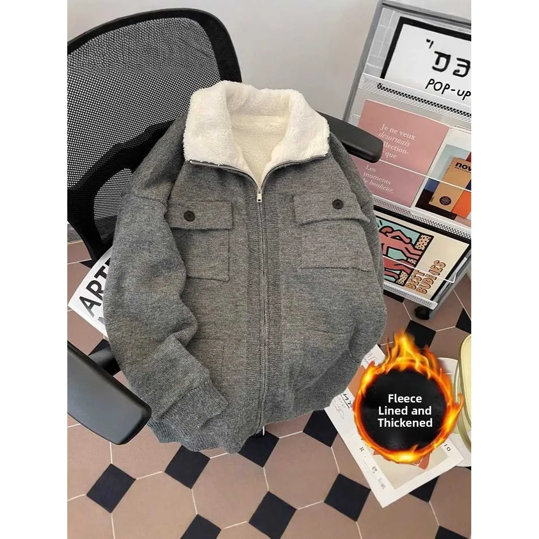 

Men's Fce Lined Stand Collar Lamb Velvet Jaet Soft Cozy Knitted Sweater Warm Cotton Coat Winter New Sle Casual Wear