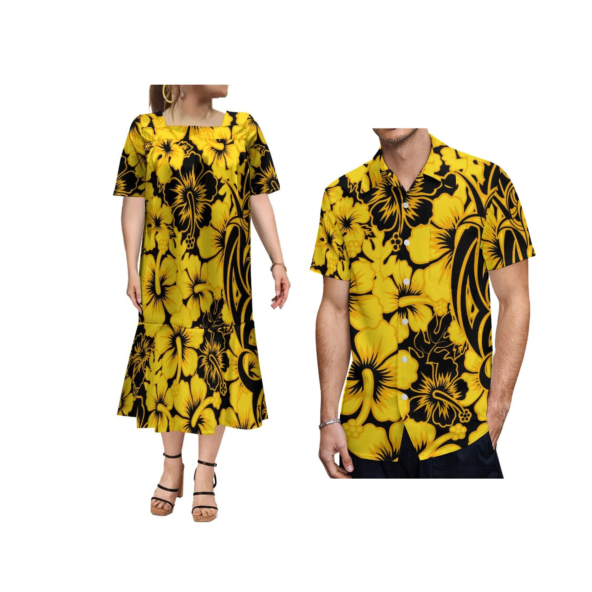

Print On Demand Customized Large Size Vintage Square Neck Dress Women Polynesian Tribal Design Micronesian Mumu