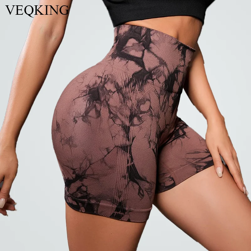 VEQKING New Seamless Tie-Dye Yoga Shorts High Waist Sport Tights Legging Peach Buttocks Gym Mini  Shorts  Running Workout Cloth