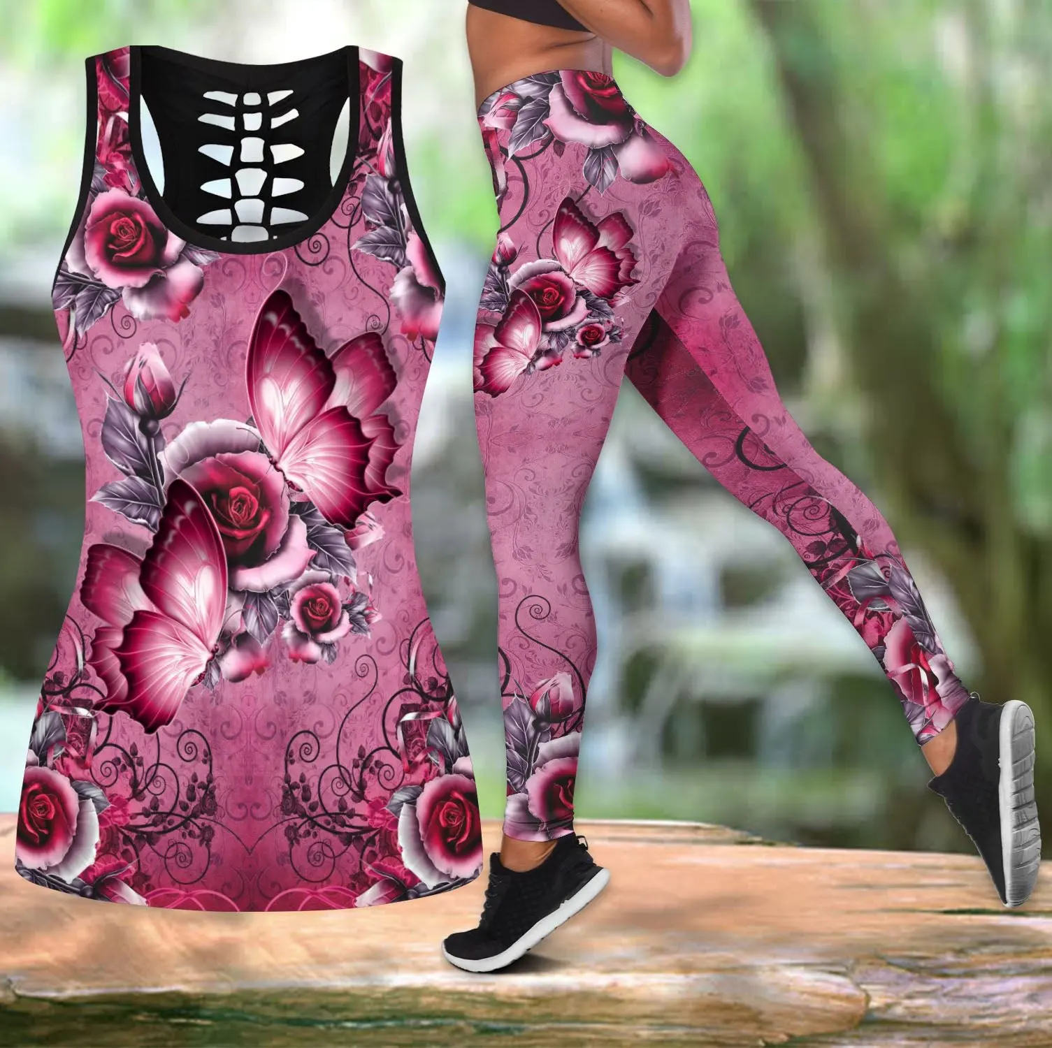 PLstar Cosmos Butterfly Flowers 3D Print Hollow Tank Top And Leggings Set for Women Full Length Fitness Yoga Running Pants KBX07