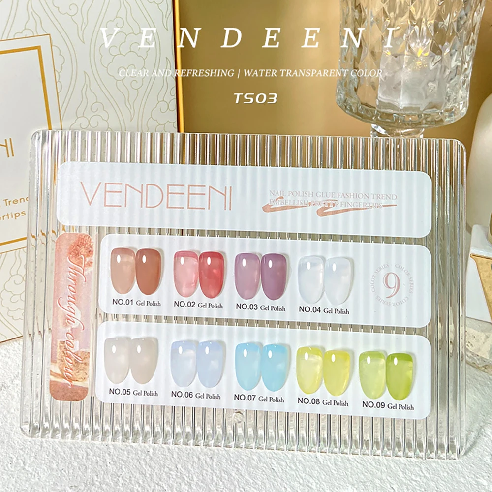 

Vendeeni 9 Colors/Set Transparent Gel Nail Polish Semi Permanent UV Soak Off Gel Varnish Colorful Jelly Gel Lacquer With Display