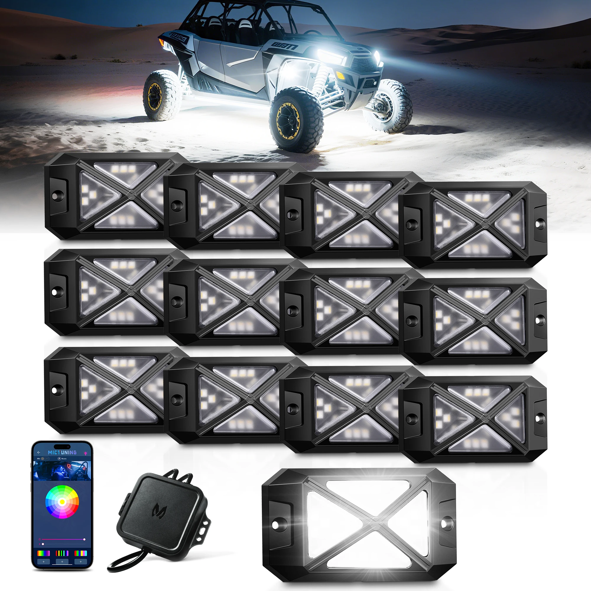 

MICTUNING C4 RGBW LED Rock Lights,Super bright 6000LM, IP68 Waterproof 12 Pods Underglow Neon Accent Lighting Kits for Car
