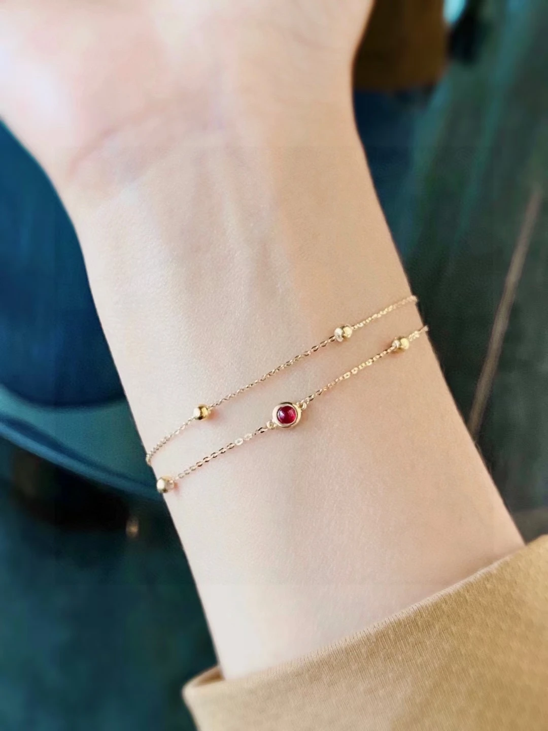 18 Karat Real Gold Bezel Set Round Natural Pigeon Blood Ruby 2 Layers Chain Bracelet For Women Custom 14K 18K Solid Gold Jewelry