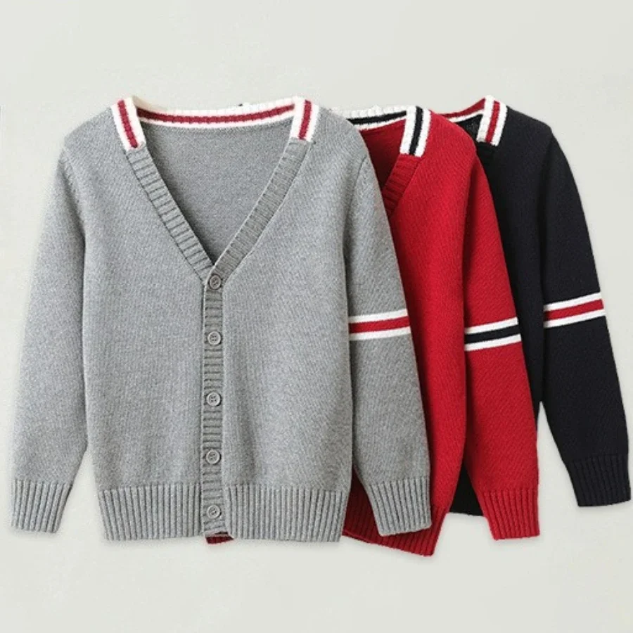 Spring Autumn Teens Kids Cardigan Cotton V-Neck Knitwear Sweater Preppy Style Boys Girls Top Clothes Casual Versatile Outerwear