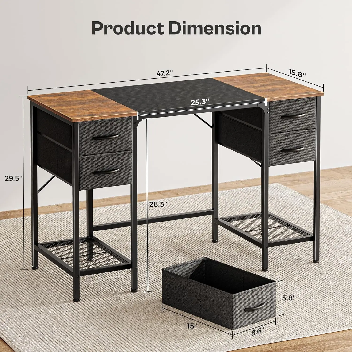 47 Inch Computer Desk with 4 Drawers, Office Desk with Mesh Shelf, Gaming Desk, Large Storage, Writing Work Desk for Home Office