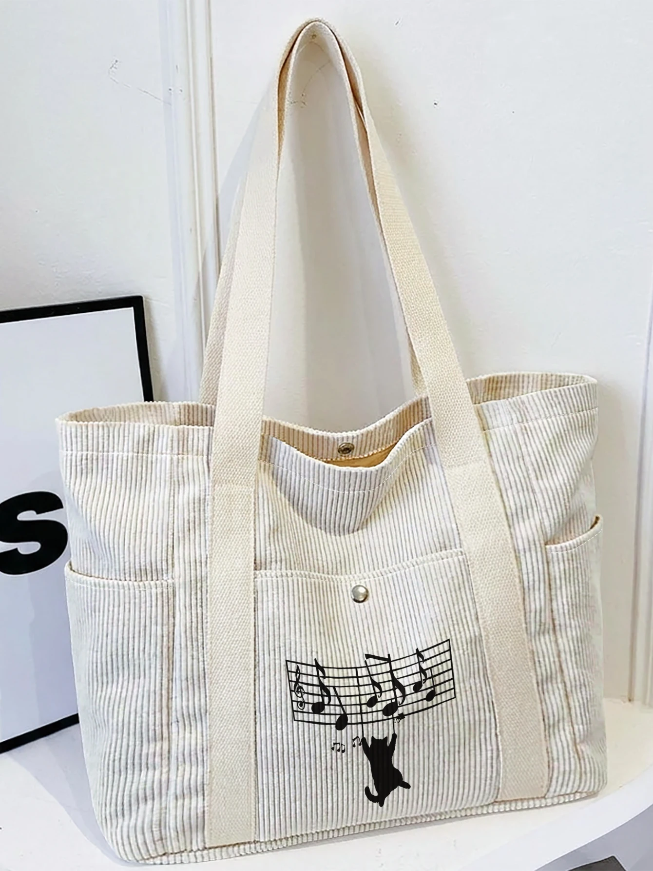 Music Note Black Cat Print Tote Bag, Adjustable Strap Crossbody Handbag With Side Pockets For Shopping Travel Daily Use