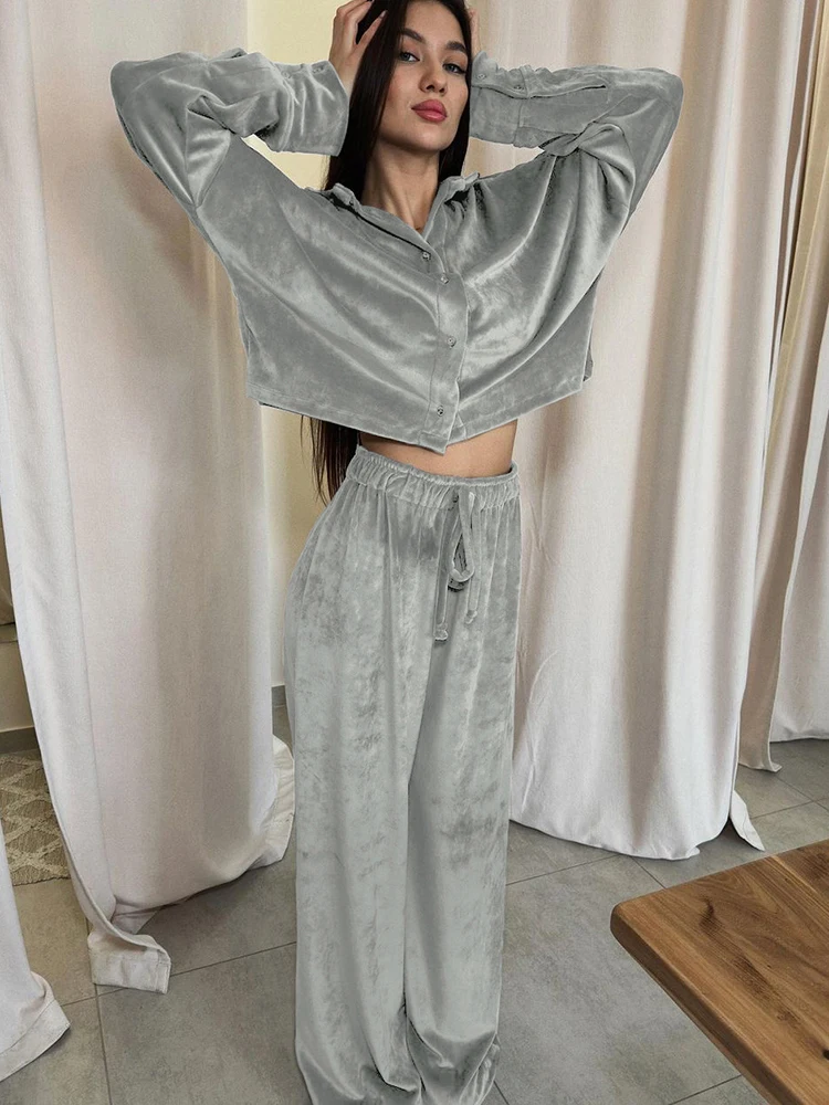 

Linad Silver Pajamas For Women 2 Piece Sets Knitted Velvet Long Sleeve Sleepwear Female Loose Trouser Suits 2024 Autumn Casual