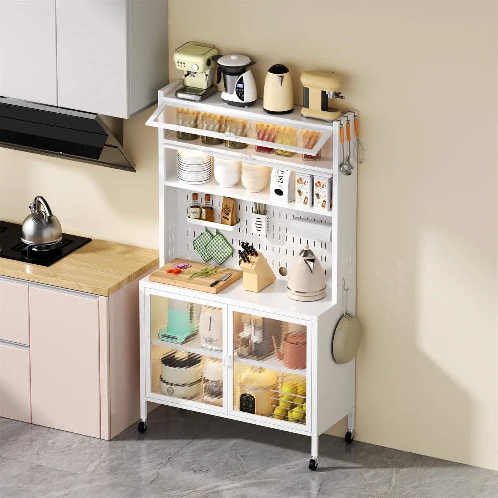 Multi-functional Metal Steel Kitchen Storage Cabinet With Glass Doors And Pegboard Shelves - Image 6