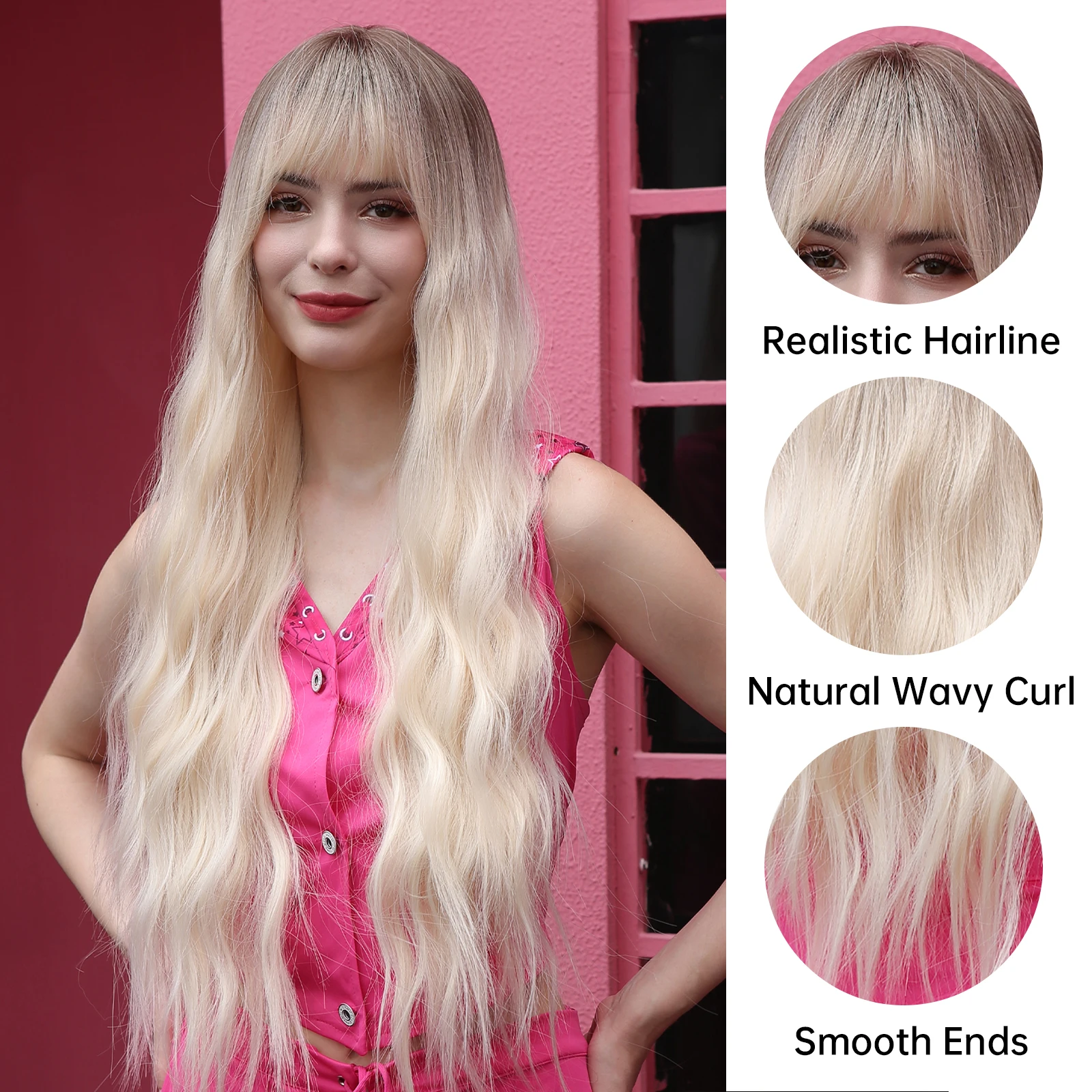 LOUIS FERRE Light Blonde Ombre Synthetic Wigs With Bangs Long Wavy Natural Hair Wig for Women Daily Cosplay Heat Resistant Hair