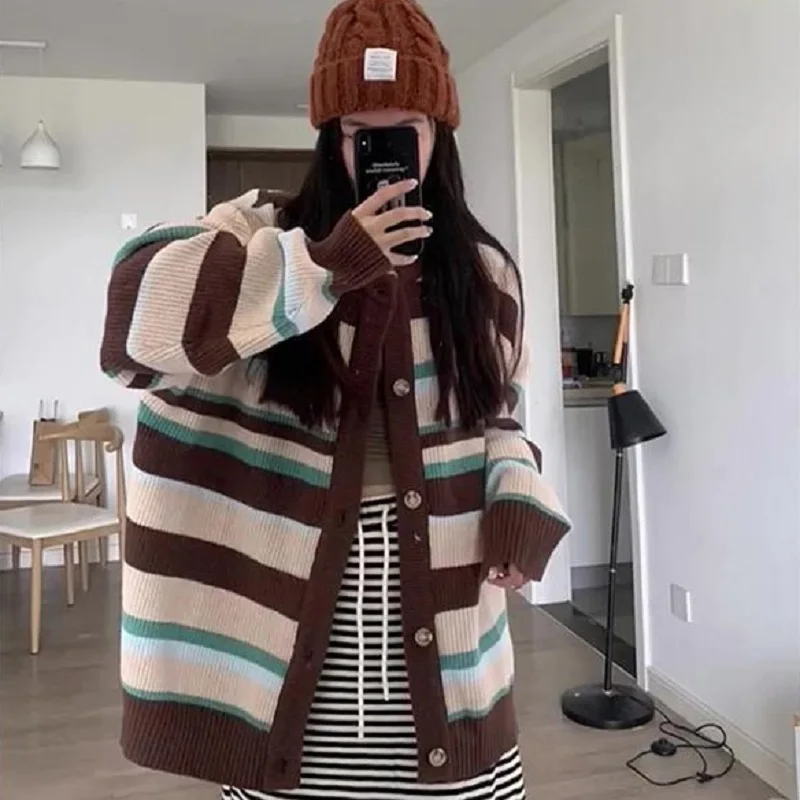 

knitted sweater striped womens clothing cardigans for woman korean fashion knitwears winter clothes women 2023 long sleeve tops