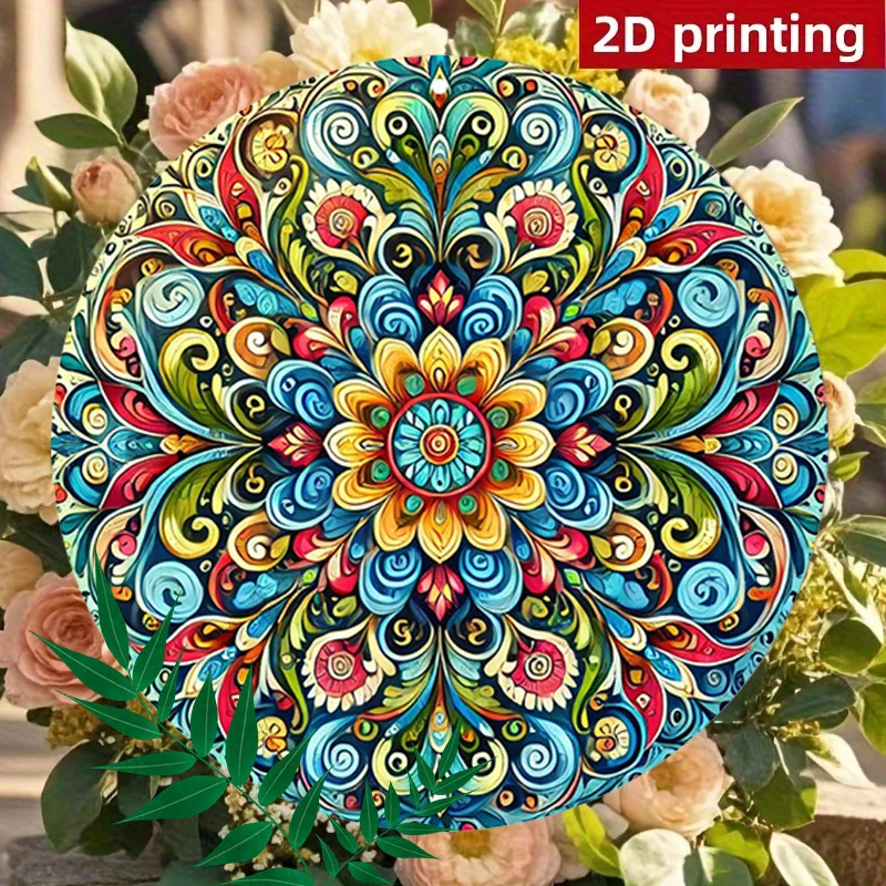 2D Flat, 2D Flat 1pc Vibrant Mandala Round Sign,Boho Style 19.81x19.81cm Round Wall Art,Colorful Swirls Decorative Plaque,Abstra