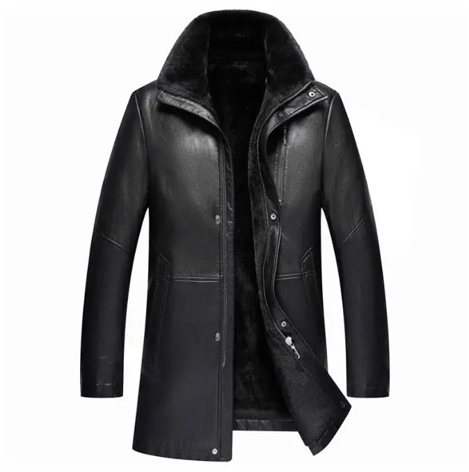 

Autumn and Winter Men's Middle-aged Casual Genuine Leather Jacket Stand Collar Fur Fashion Black Plush Liner Warm Jacket