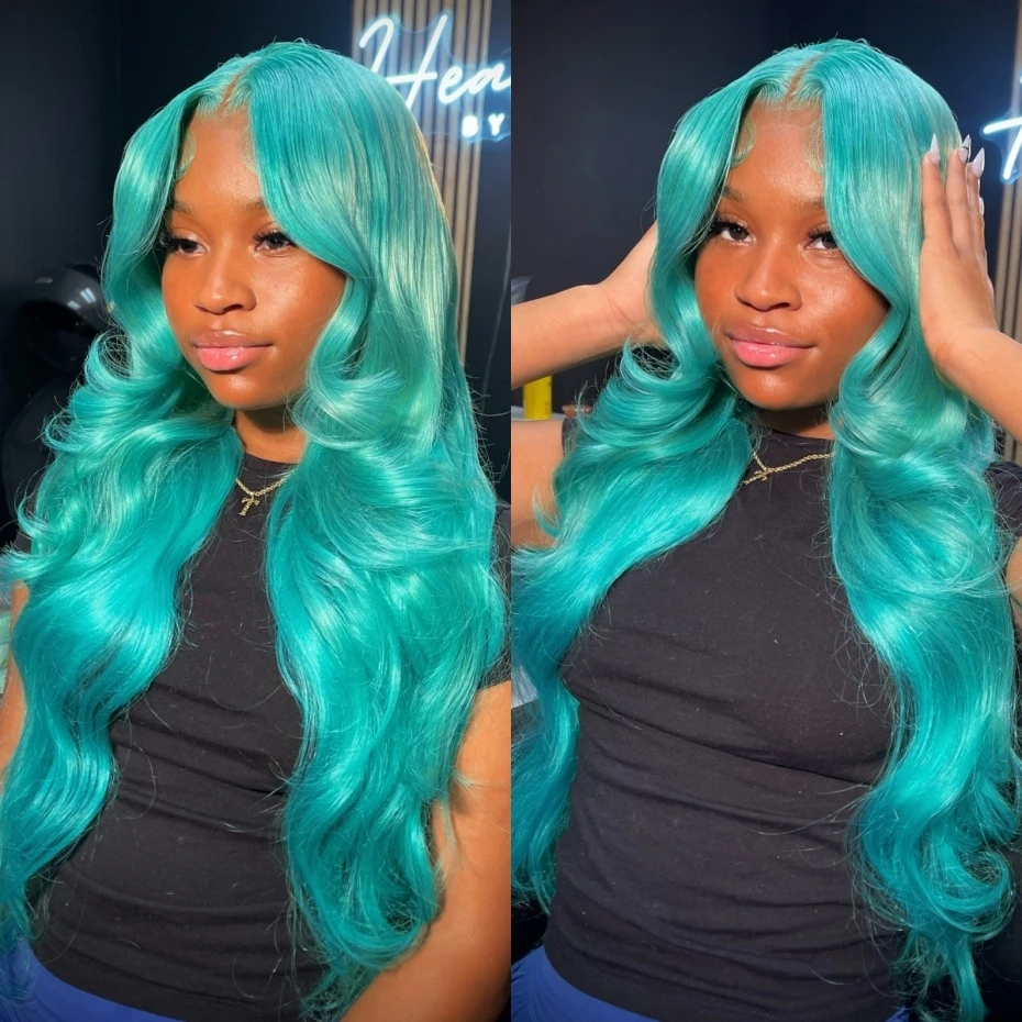 30 38 40 inch Teal Blue Colored Lace Front Human Hair Wigs Preplucked 13x6 Transparent Lace Frontal Wig Brazilian Turquoise Hair