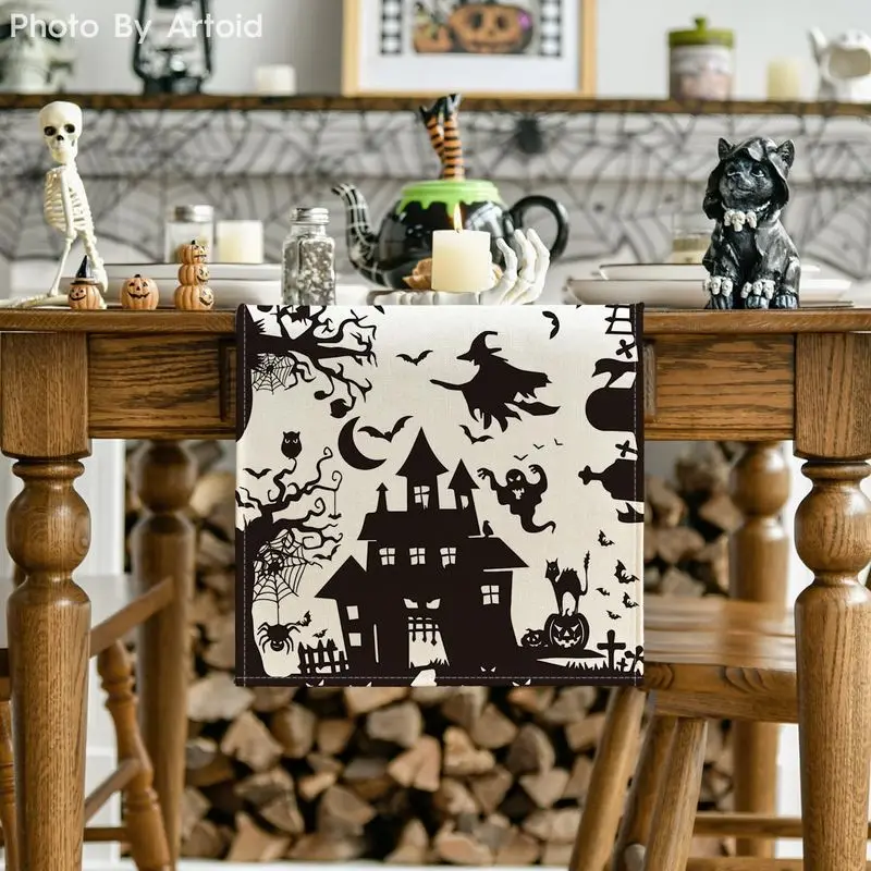 VIKAMA Halloween Table Runner Silhouette Haunted House Witch Ghost Bat Black Cat Dining Table Home Spooky Holiday Party Decor