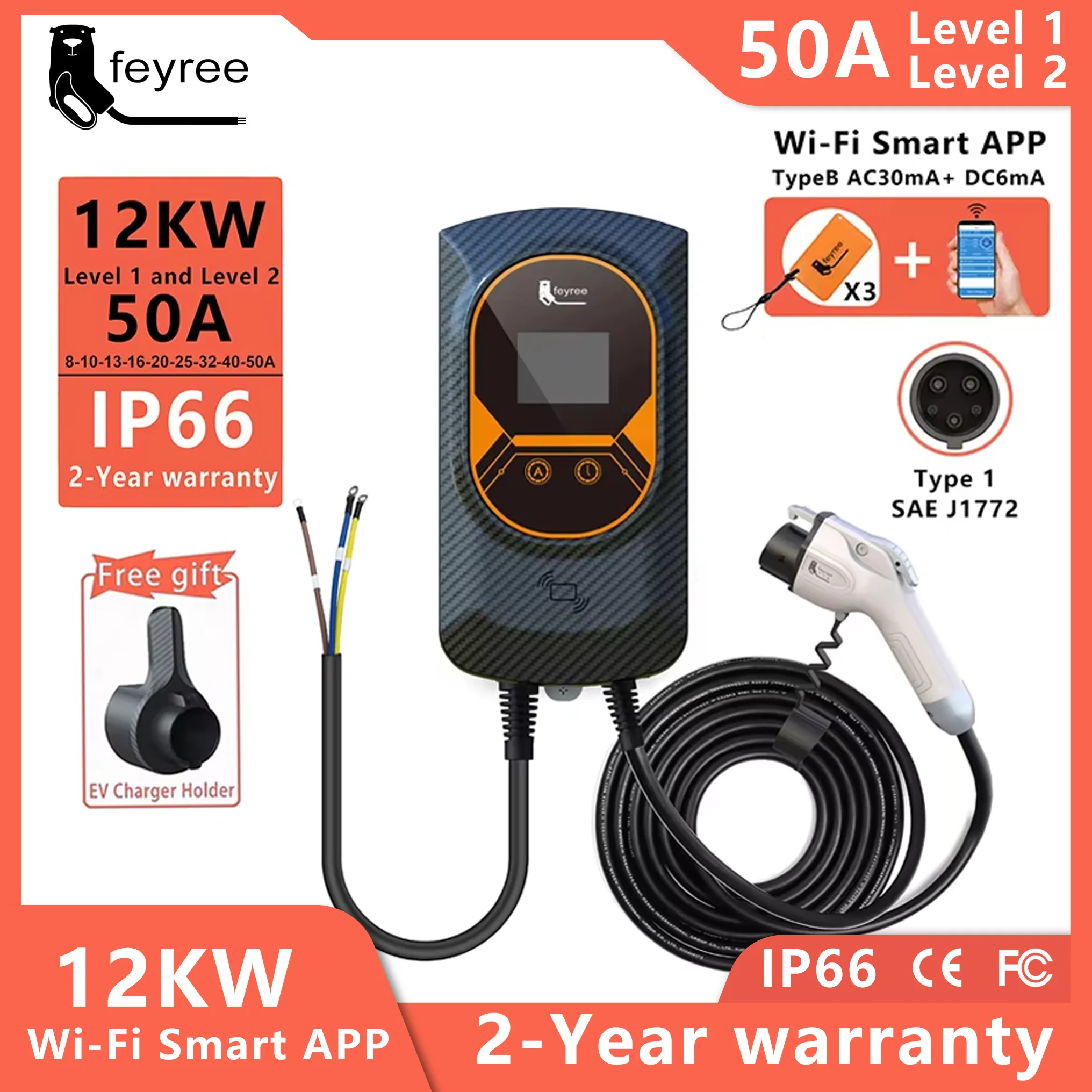 Feyree EV Charger Type1 EVSE Wallbox 32A 7.6KW 40A 9.6KW 50A 12KW 1 Fase j1772 Adapter APP Controle voor Elektrische Voertuig Auto