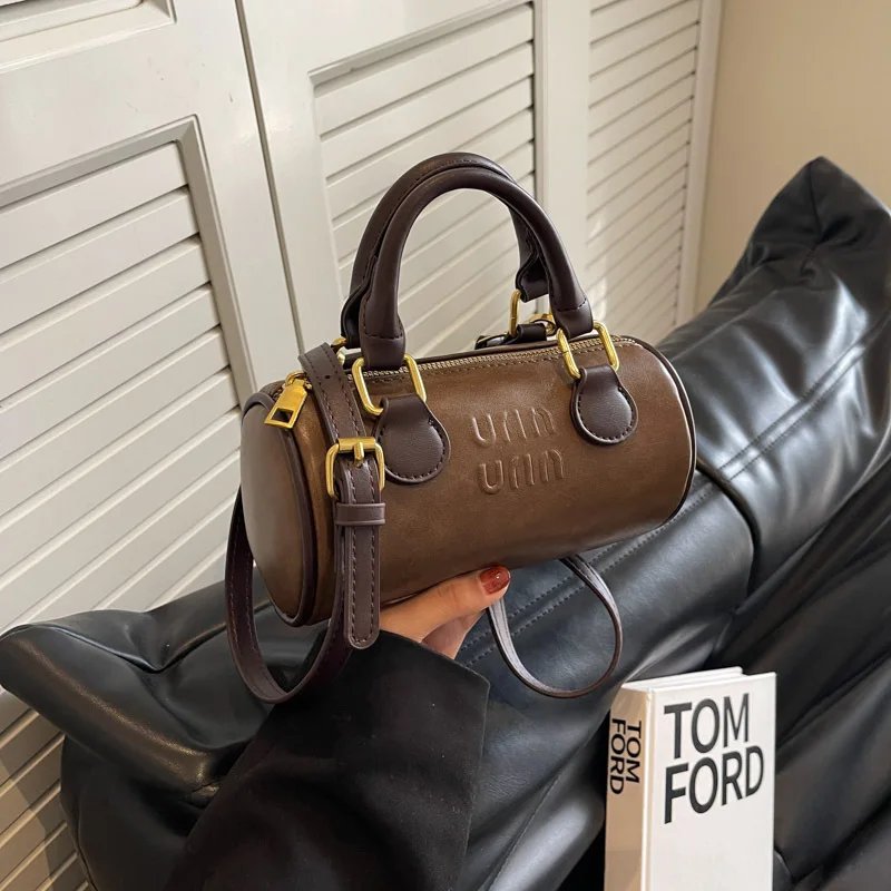 

Бостонская сумка, круглая сумка-бочонок для женщин, винтажная сумка на плечо из искусственной кожи, модная ручная сумка через плечо, универсальная легкая повседневная сумка-тоут