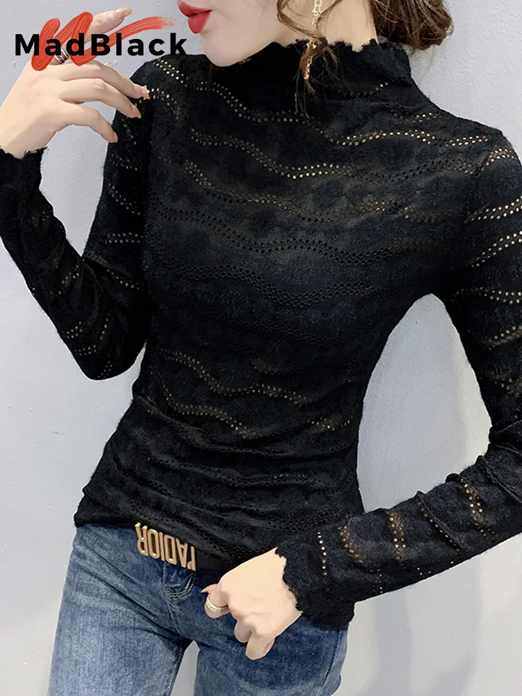 MadBlack European Clothing Tshirt Women Turtleneck Brushed Lace Slim Top Send Wrap Long Sleeve Tees Autumn Winter T37062JC