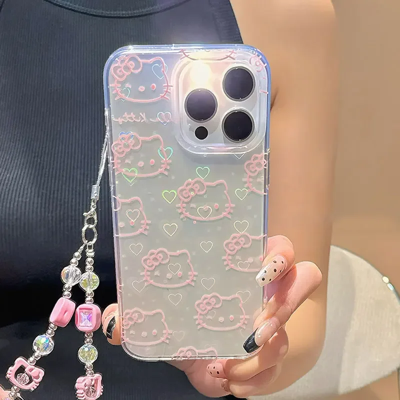 Sanrio Hello Kitty Full Screen KT Shining Phone Case For iPhone 16 15 14 13 12 11 Pro Max XR XS Max 7 8 Plus MINI Y2K Pink Cover