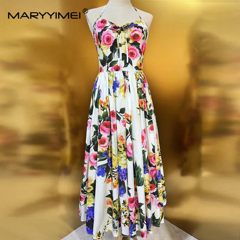 MARYYIMEI New Halter Holiday Dress 2024 Summer Poplin Oil Painting Print Sleeveless Waist Dress With Chest Fairy Dress