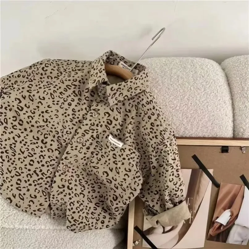 Spring Children's Shirt  Product Boys and Girls Leopard Pattern Shirt Baby Korean Edition Shirt New Coat Boys Cartoon Top