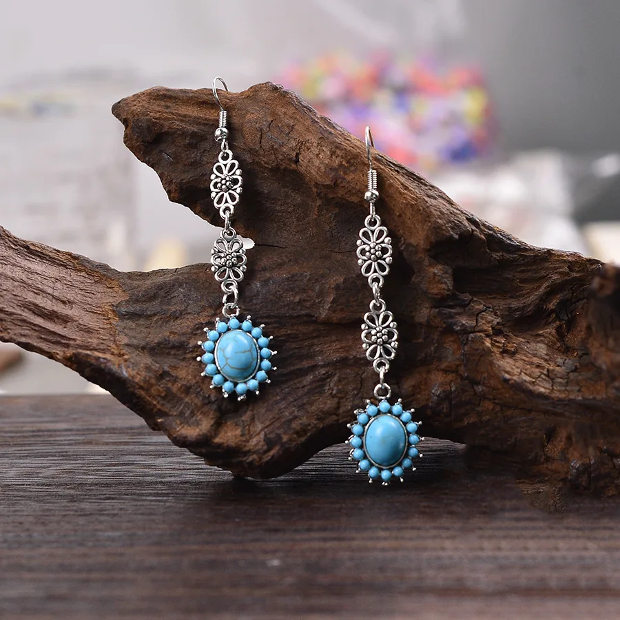 DIY accessories Retro ethnic style hollow flower turquoise pendant earrings women's elegant temperament long fringed ear jewelry