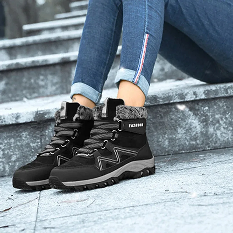 أحذية رجالية خارجية دافئة من القطن المخملي المضادة للانزلاق، أحذية مشي، أحذية عمل، أحذية شتوية دافئة مقاومة للماء للنساء