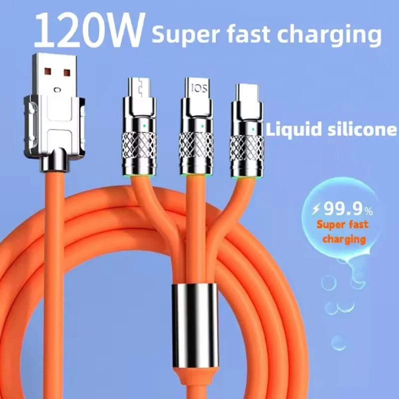 3 IN1 Cable 3 Way 120W 6A Fast Charging USB A To Type C Micro USB for iPhone Charging Cable for Samsung Huawei Xiaom USB Cable