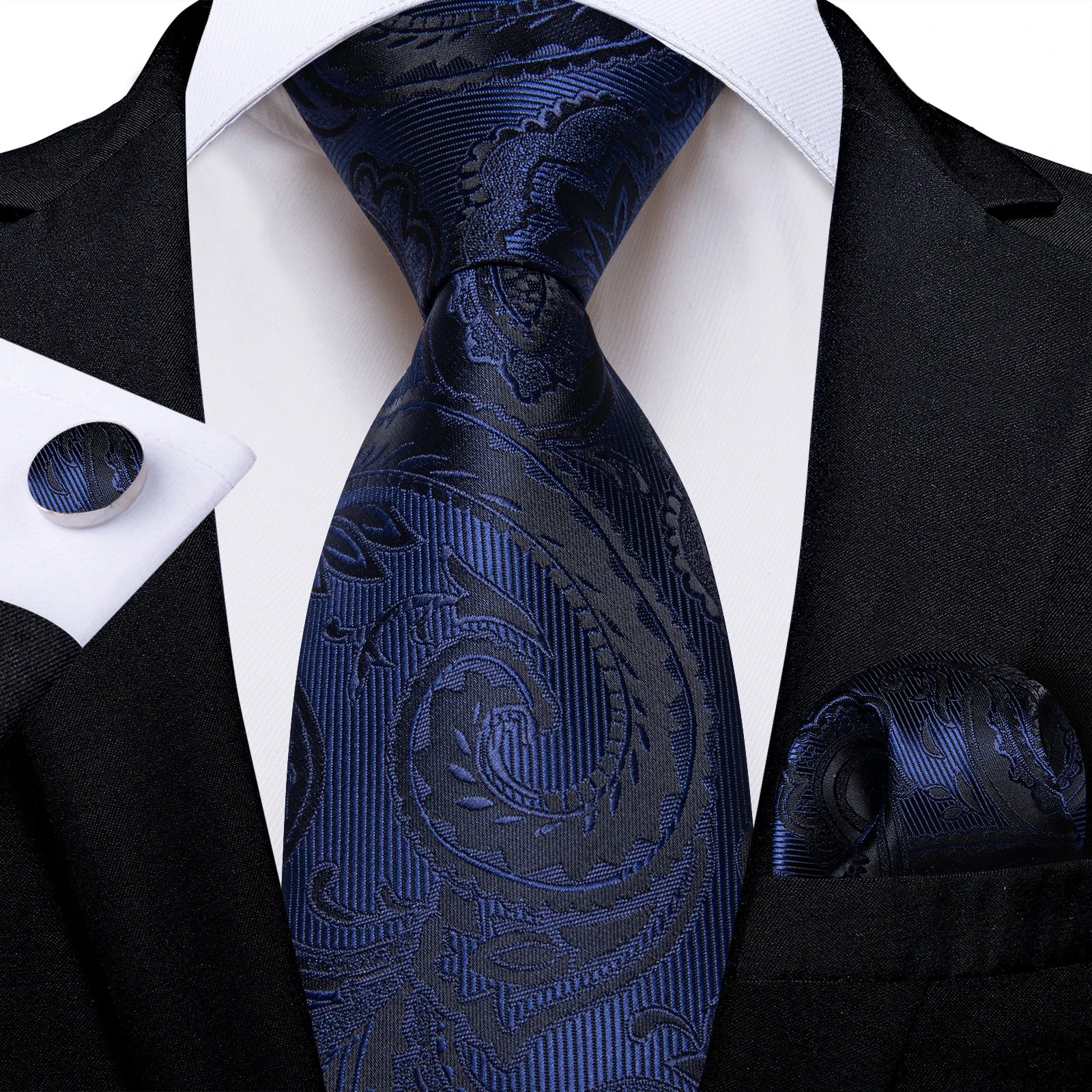 Elegantes blaues Paisley-Blumenmuster Herren-Krawatten-Set (8 cm) mit Einstecktuch, Manschettenknöpfen, Business-Anzubehör, Bräutigam-Hochzeitskrawatte – Detail 5