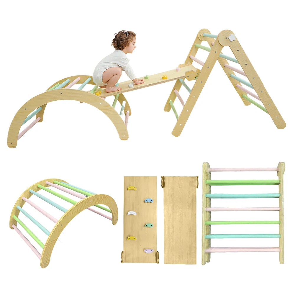 7-in-1-Klettergerüst für Kleinkinder, faltbares Kletterdreieck-Set aus Holz für den Innenbereich, Montessori-Kletterspielzeug, Spielplatz, Fitnessstudio mit Ra