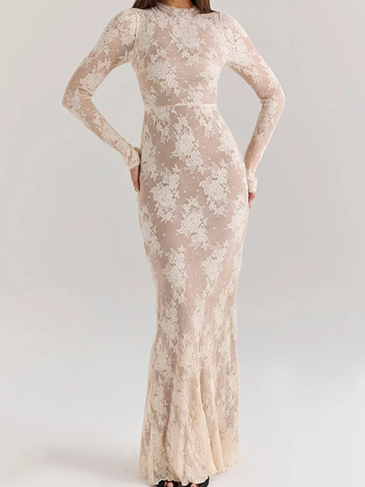 Vestido de estilo francés con estampado calado para mujer, vestido de encaje ajustado de manga larga para banquete, vestido de noche plisado de cintura alta con cuello redondo Sexy