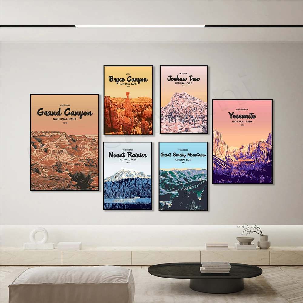 Acadia, montañas rochosas, glaciers, bryce canyon, grandes montañas ahumadas, impresión artística del parque nacional de Zion, maine, cartel de viaje utah