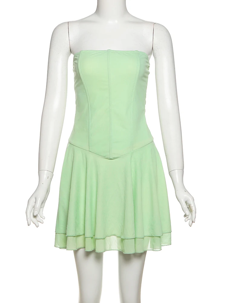 Sukienka mini Sisterlinda w stylu Y2K, elegancka, damska, seksowna, z odkrytymi plecami, bez rękawów, marszczona, warstwowa, idealna na wakacje, plażę, imprezę, dopasowana.