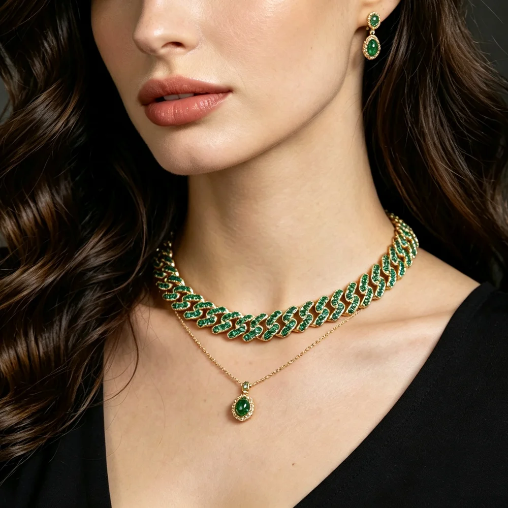 Iced Out Men's and Women's Hip Hop Cuban Chain Necklace Paving Green Cz Necklace Suitable for Men and Women to Wear Jewelry