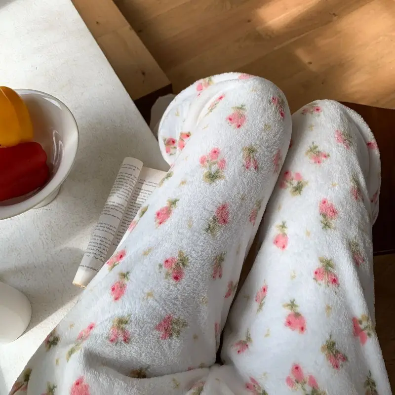 Cute Floral Fluffy Pajama Pjs Pants Women's Y 2k Kawaii Flannel Plush Fuzzy Sleepwear Trousers Ladies Y2k Sleeping Pijama Pants