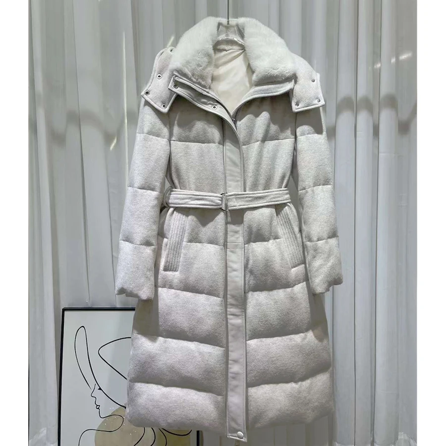 Long Down Coats Cashmere Mink Fur Down Coat Real Fur Coat With Hood Winter Warm Goose Puffer Jacket