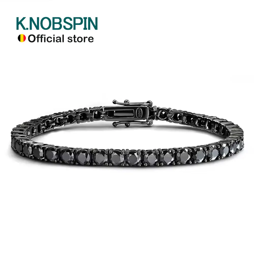 KNOBSPIN 블랙 모이사나이트 테니스 팔찌, 풀 다이아몬드 GRA, 925 스털링 실버 도금, 18k 힙합 팔찌, 남녀공용, 3mm, 4mm