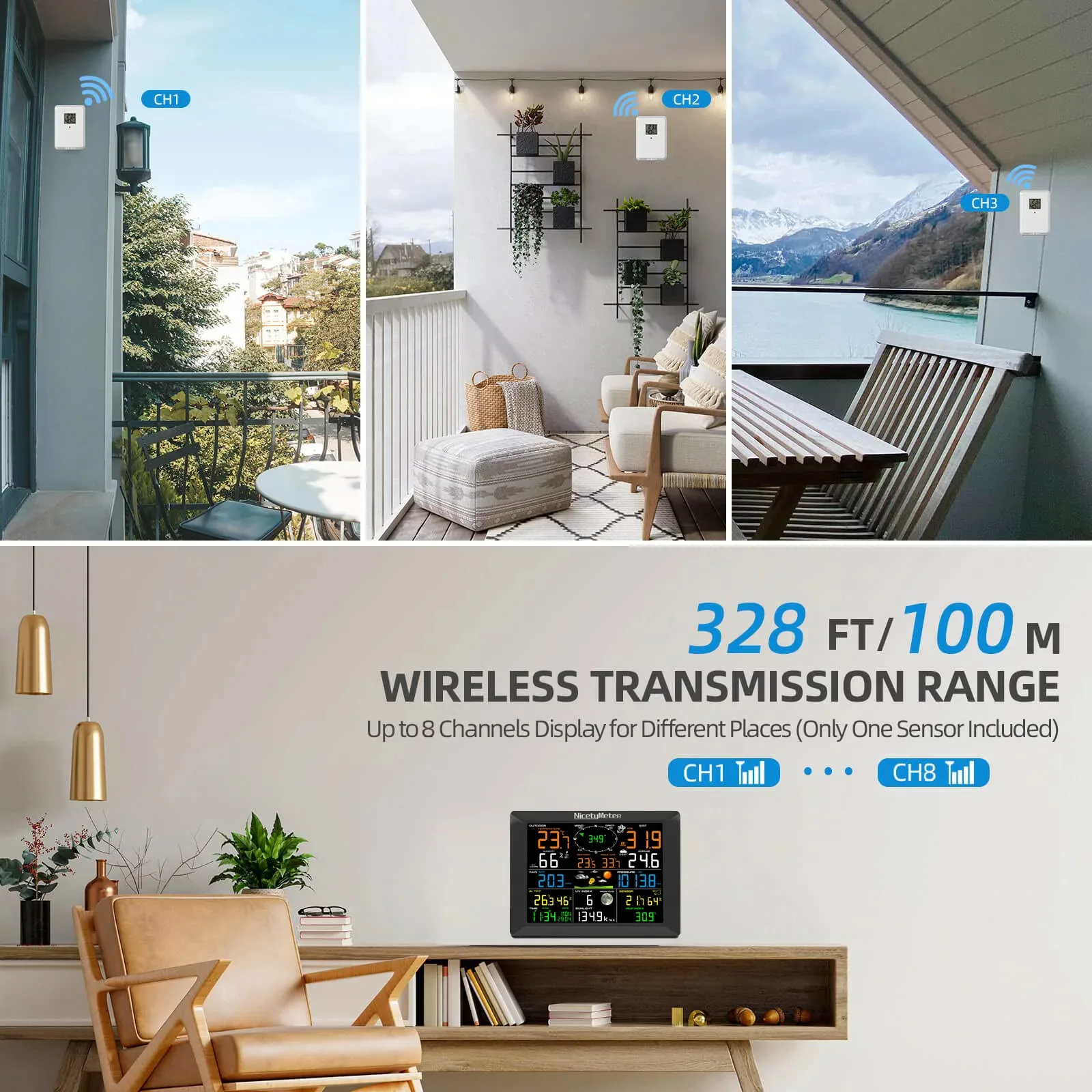 Professional WiFi Weather Station 7 in 1 Outdoor Wind Speed Multi-channel Humidity Monitoring Large Screen Real-time Warning