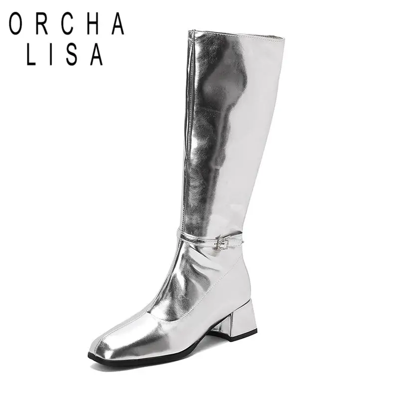 

ORCHA LISA 2025 Female Knee High Boots Round Toe Block Heels 4.5cm Zipper Metal Decoration Big Size 44 45 46 Fashion Dating Bota