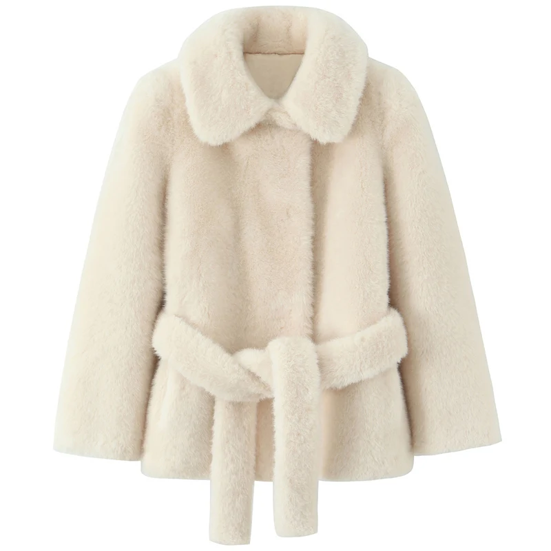 HXAO معطف منفوش باللون البيج معطف فرو نسائي لخريف وشتاء 2025 معطف شعر اصطناعي للنساء حزام مقصوص بأكمام طويلة ملابس خارجية قطيفة