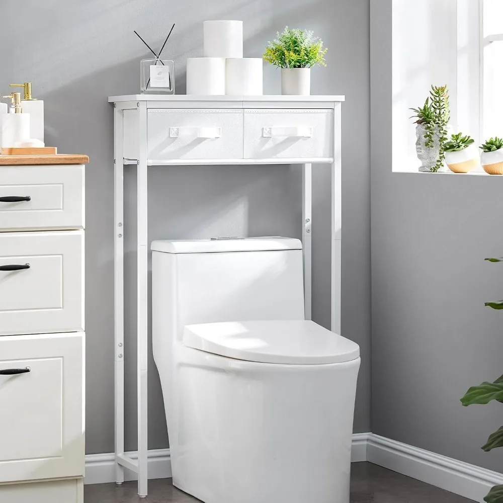 

Over The Toilet Storage Cabinet with 2 Fabric Drawers Freestanding Metal Bathroom Organizer Shelf White