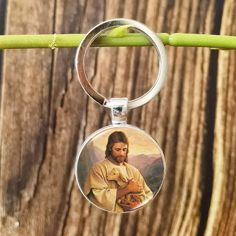 Mormon Church Jesus Keychain for Men Unisex Religious God Art Photo Glass Cabochon Pendant Keyring Gift