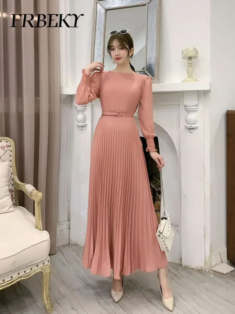 Pleated Dresses New Fashion Waist Slimming Temperament French Dress Elegant Long Sleeve Pleated Waistband Romper Evening Dresses