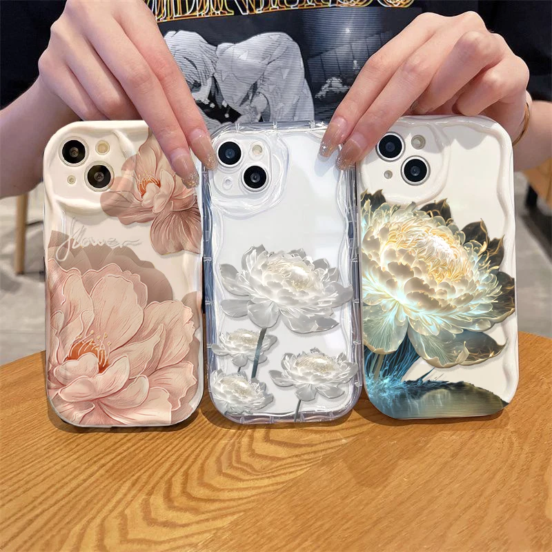 Golden Lotus Flowers Case For Samsung Galaxy A52S A54 A24 A14 A05 A05S A34 A04E A53 A33 A23 F06 Silicone Wave Side Cover