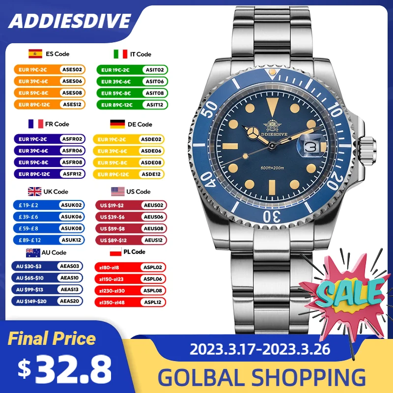 Addiesdive ad2054 relógio de quartzo para homens moda luxo aço inoxidável c3 display luminoso calendário 20bar mergulho relojes masculino