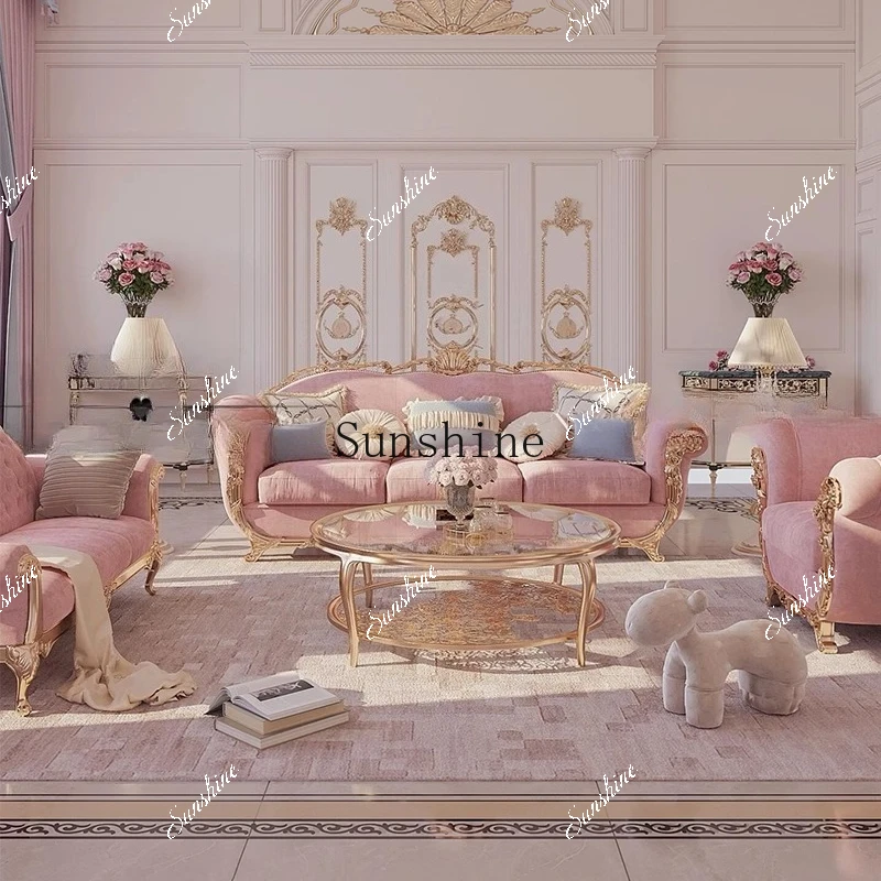 French court fabric carved sofa 123 combination retro light luxury living room solid wood furniture  FT