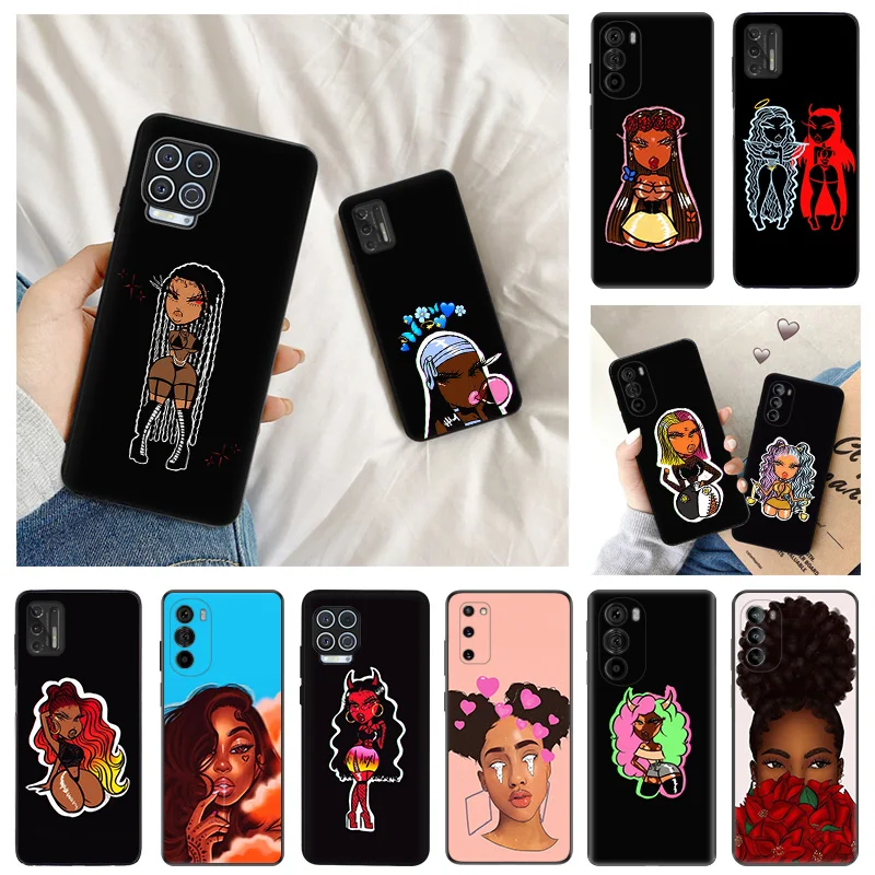 Ultra Thin Soft Phone Case for Motorola G9 Edge 20 30 40 G50 G51 G60 G71 G22 G32 G52 G72 G53 G73 Black Girl Cartoon Lovely Cover