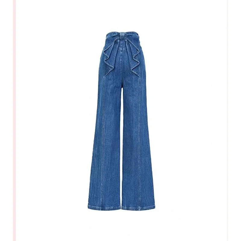 Franse stijl strikjeans Veelzijdige damesbroek met hoge taille en rechte pijpen Klassiek blauw High Street losse denimbroek met wijde pijpen