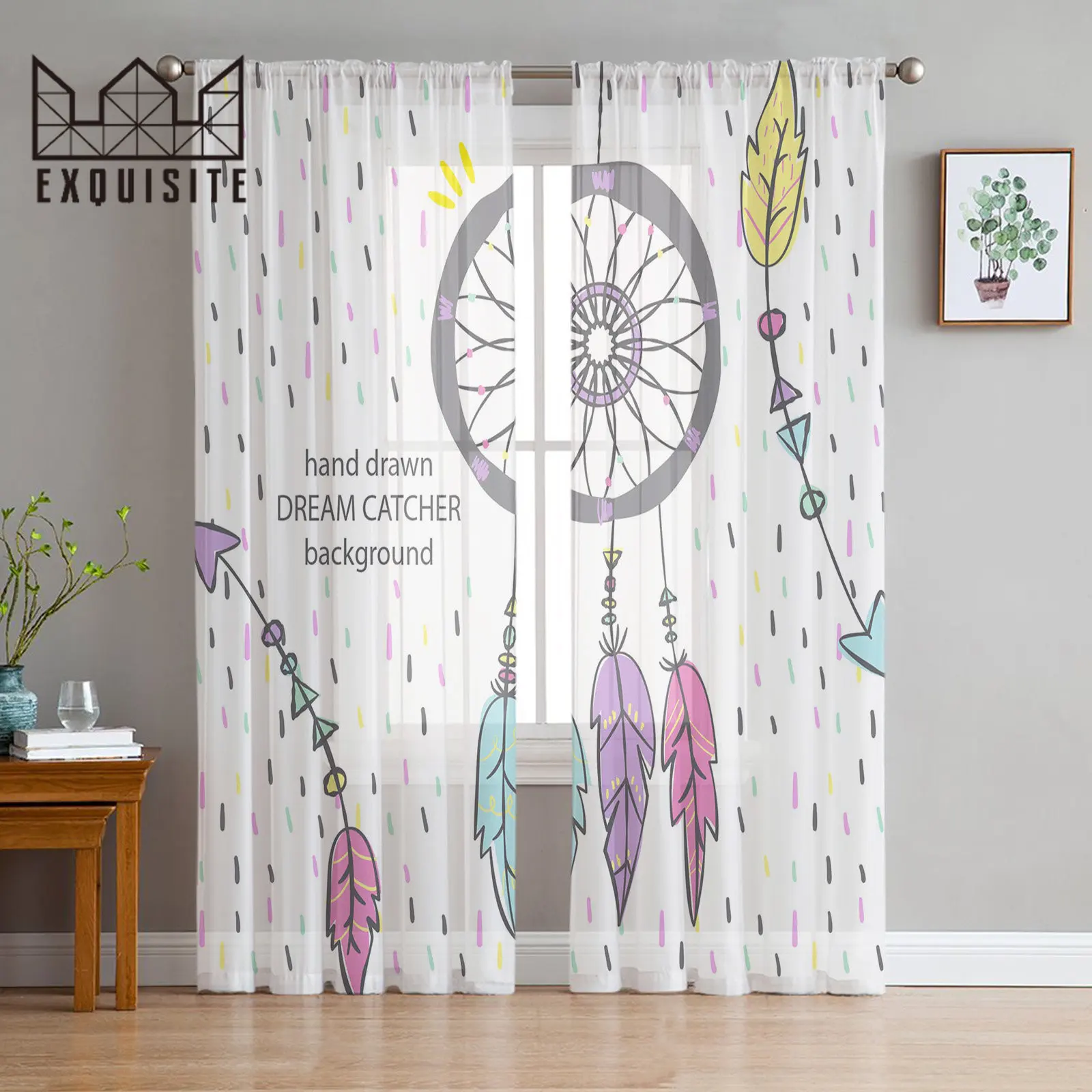 Feather Dream Catcher Tulle Curtain for Living Room Balcony Decor Sheer Curtain for Kitchen Bedroom Fashion Home Decor