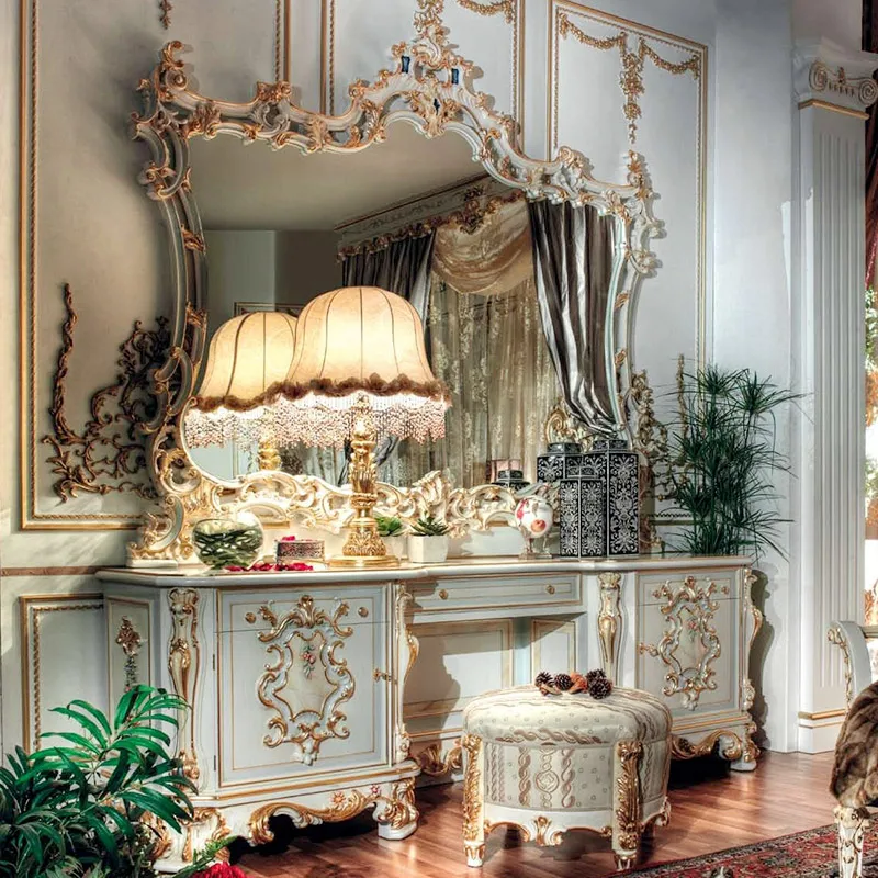 Manual Solid Wood Carving Luxury Furniture French Style Bedroom Hand Painted Dressing Table European Style